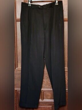 Vintage Bernini Pleated Cuffed Men's Black Dress Wool Pants-34/31-Made In Italy